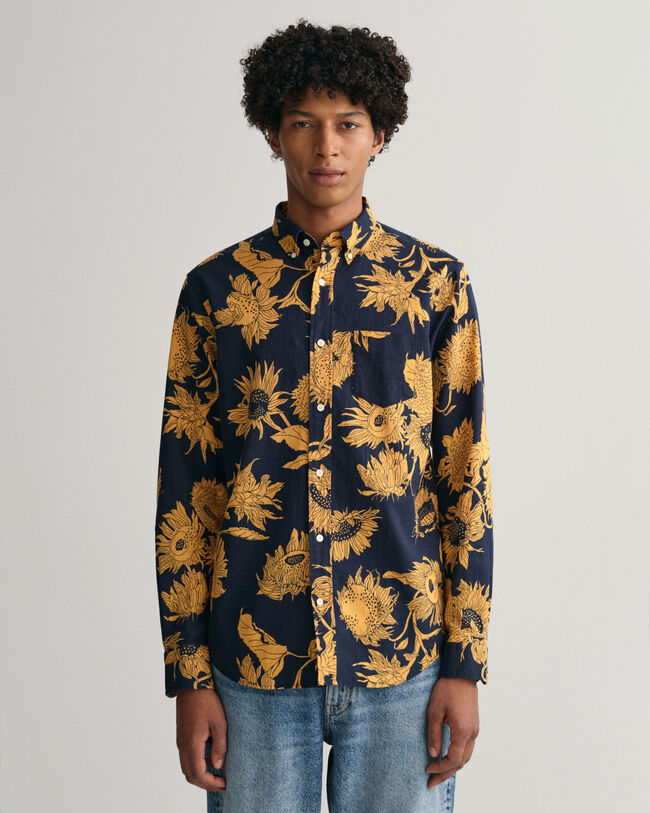 Regular&nbsp;fit ‑mitoitettu, auringonkukkapainatuksella varustettu puuvilla-pellavapaita