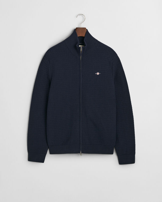 Kohopintainen vetoketjullinen puuvillaneuletakki