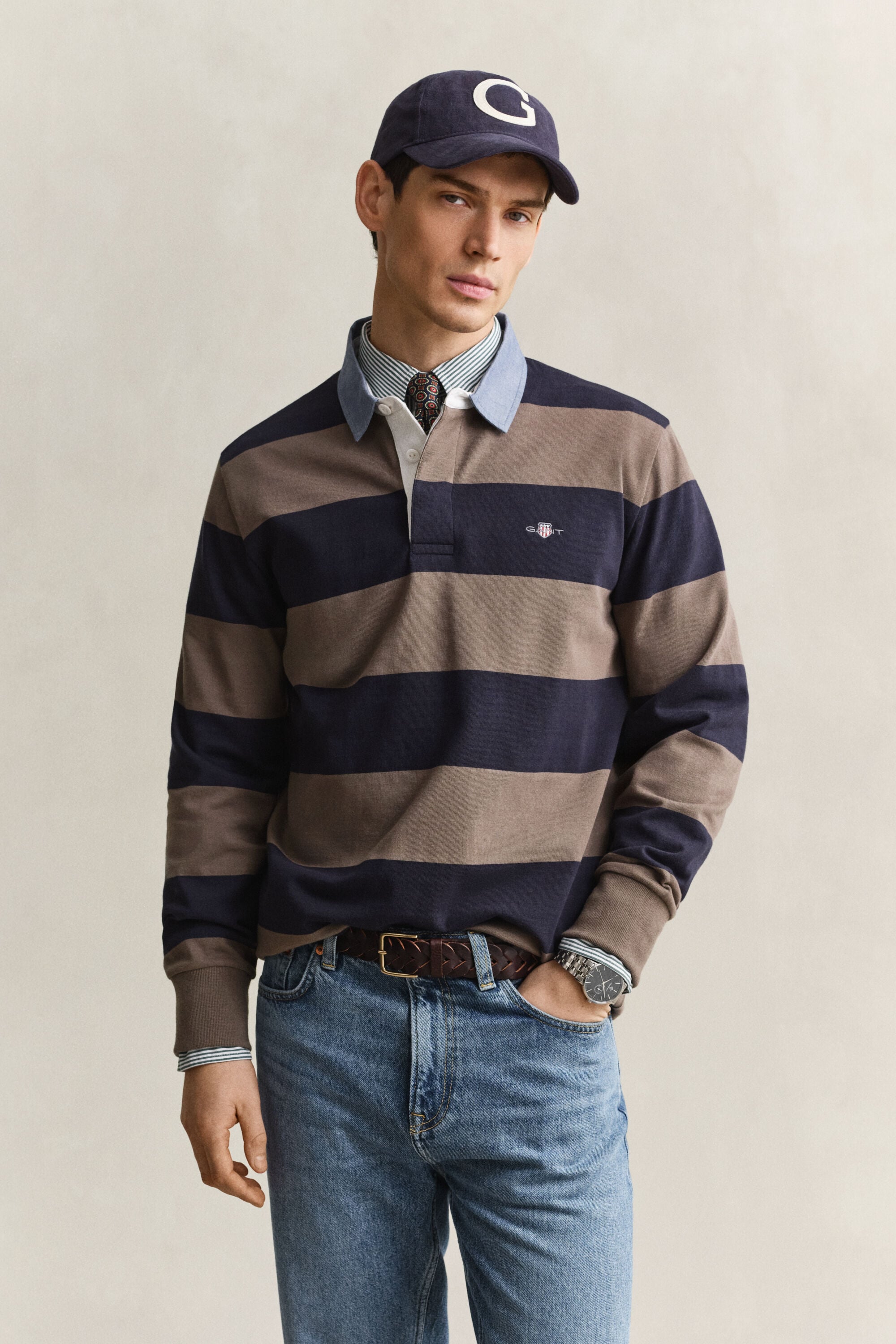 Raidallinen Heavy Rugger ‑paita chambray-kauluksella