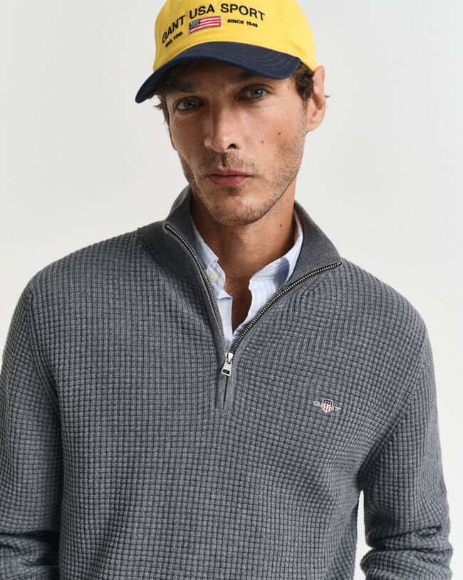 Kohopintainen puuvillaneulepusero, vetoketjukaulus