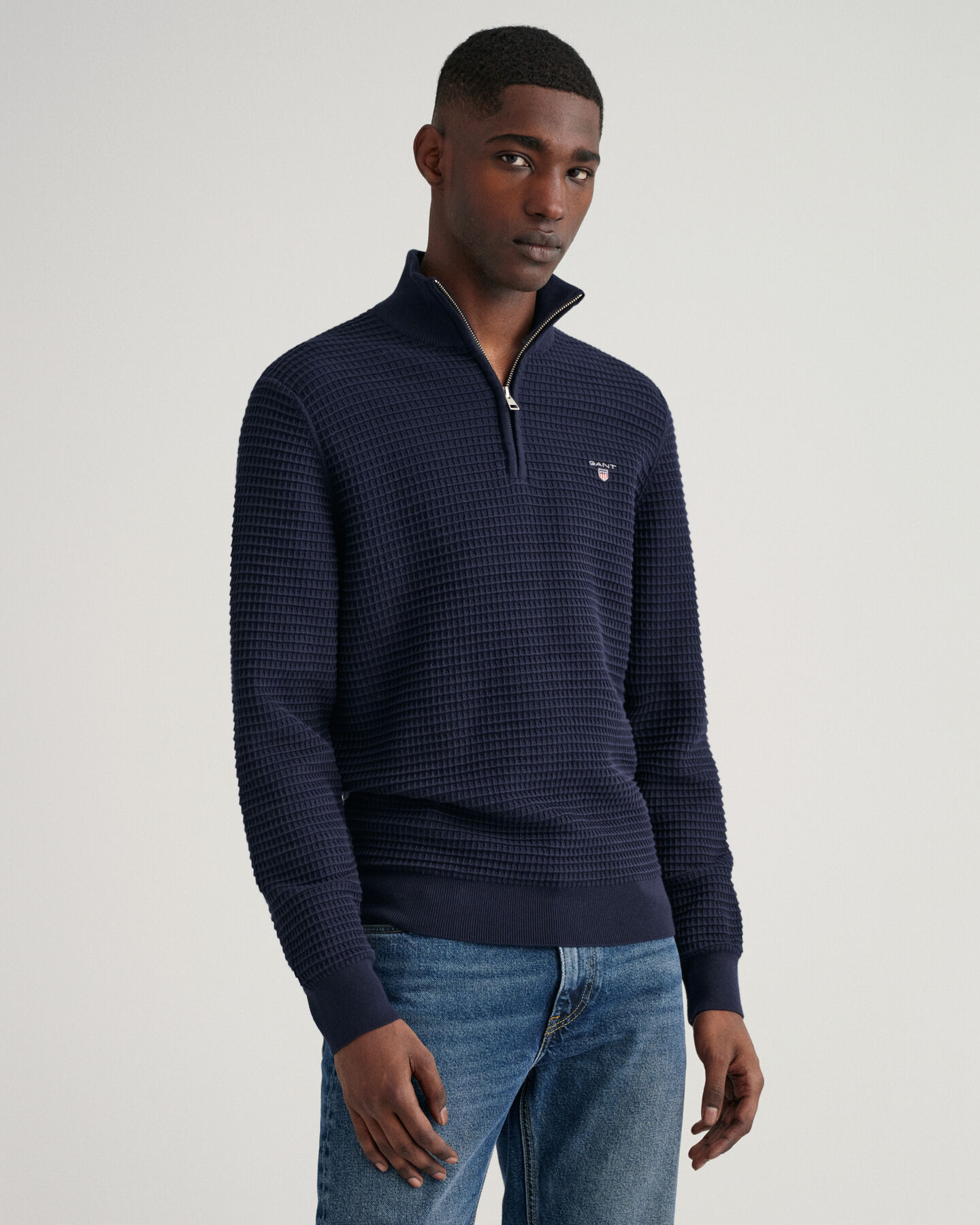 Texture-puuvillaneulepusero puolivetoketjulla