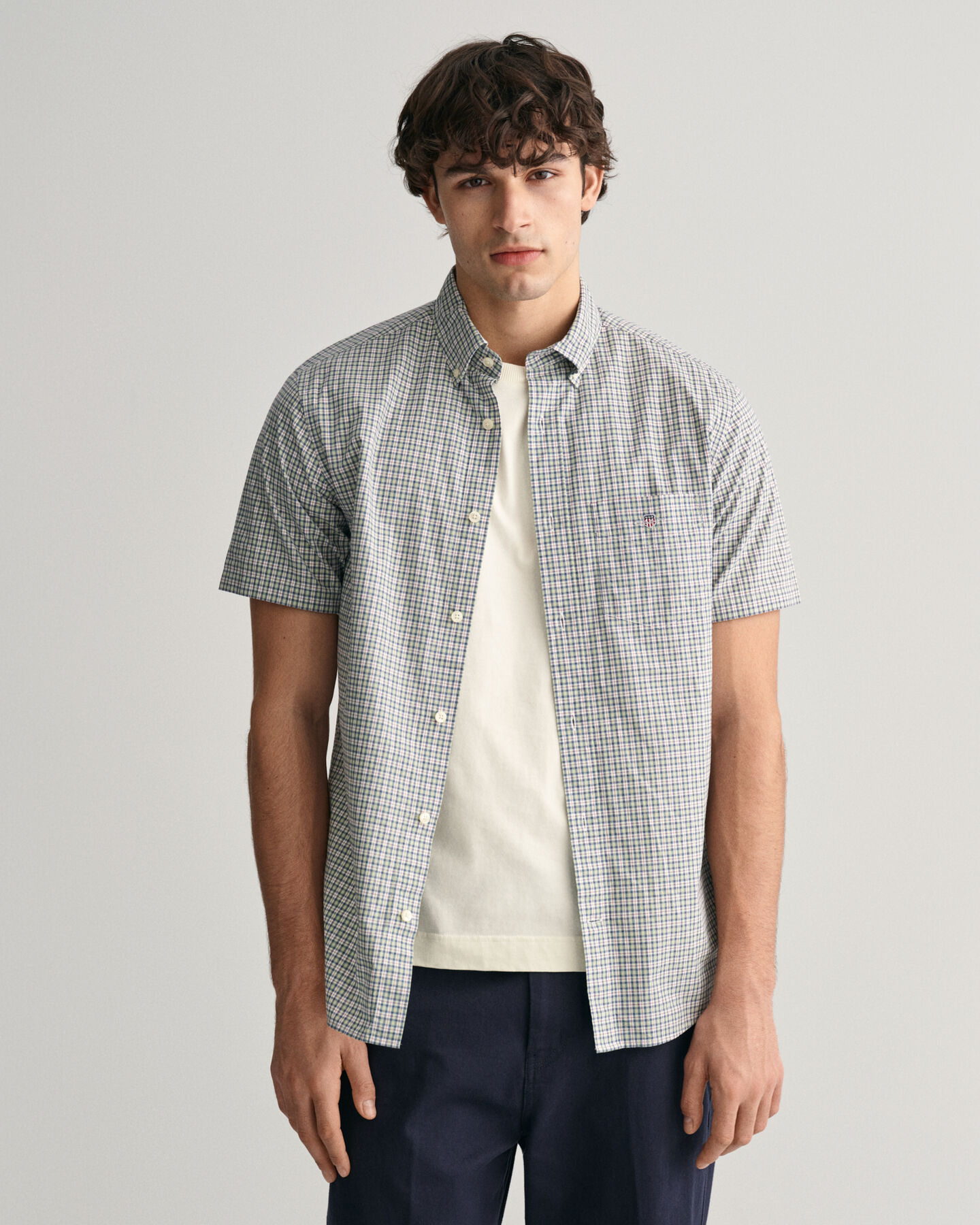 Regular Fit Micro Checked Poplin Short Sleeve Shirt