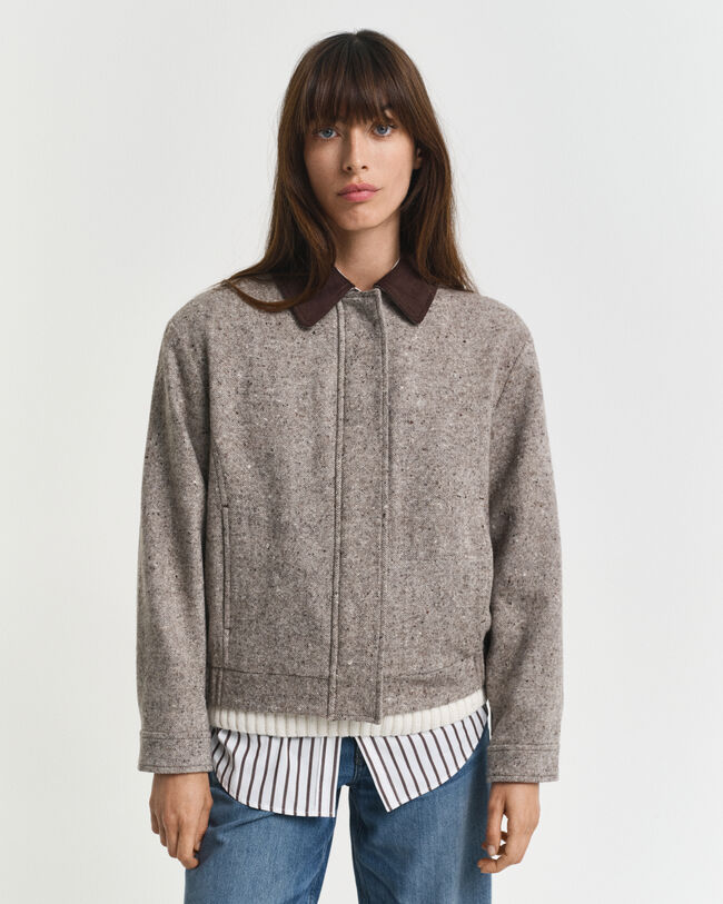 Villakangastakki kontrastivärisellä kauluksella