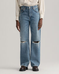 Relaxed fit ‑mitoitetut korkeavy&ouml;t&auml;r&ouml;iset revityt farkut suorilla lahkeilla