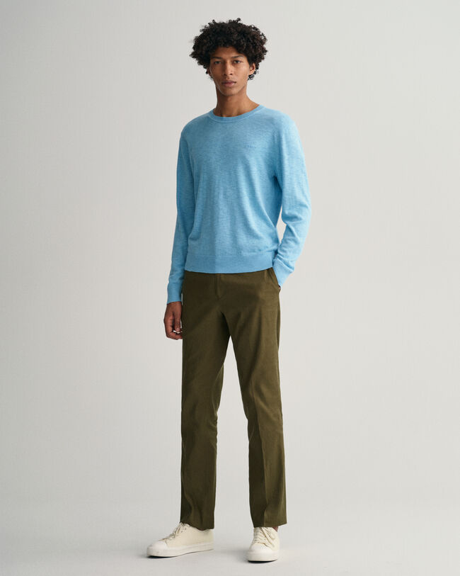 Puuvilla-pellavaneulepusero, jossa pyöreä pääntie