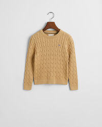 Kids-malliston puuvillainen Shield-palmikkoneulepusero, jossa py&ouml;re&auml; p&auml;&auml;ntie