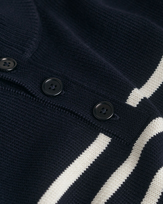 Raidallinen puuvillaneulepusero, napitettava p&auml;&auml;ntie