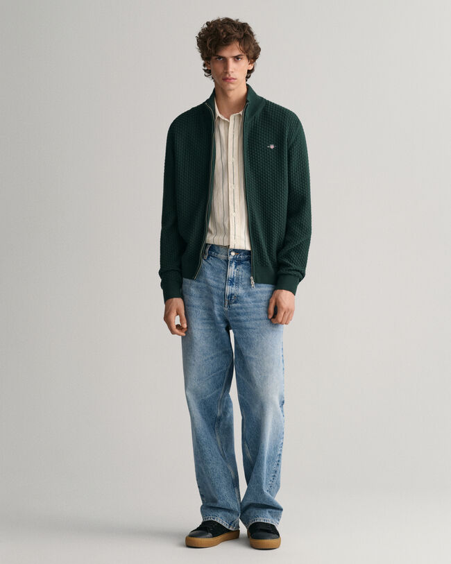 Kohopintainen vetoketjullinen puuvillaneuletakki