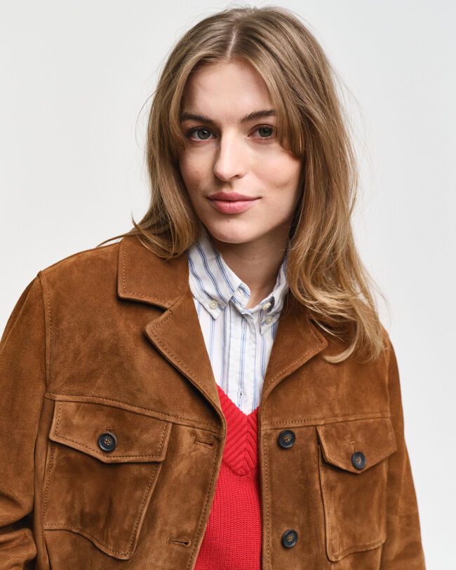 Relaxed fit ‑mitoitettu mokkanahkableiseri