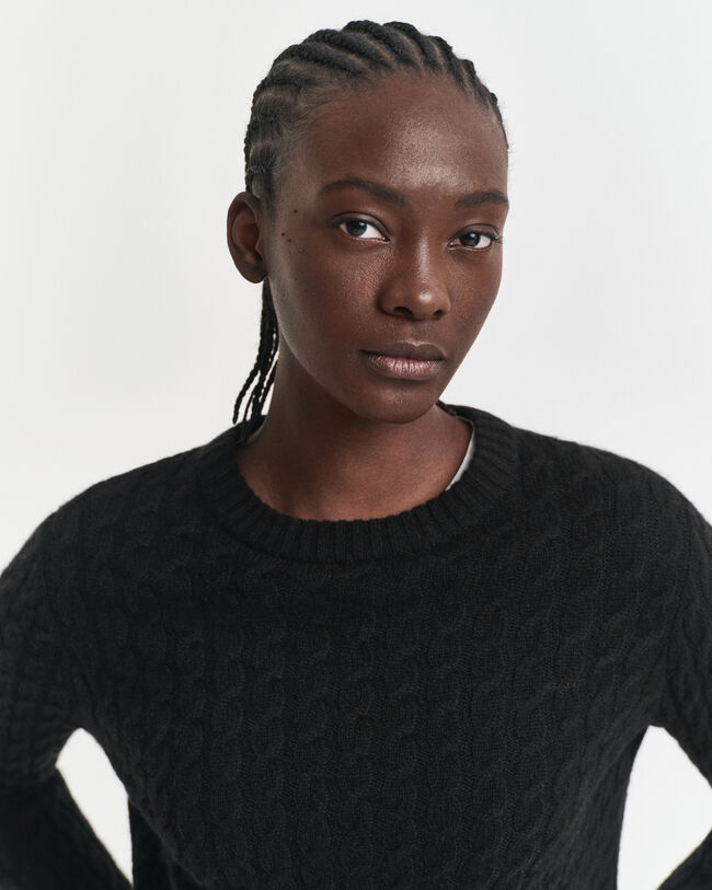 Kašmirvillainen palmikkoneulepusero, pyöreä pääntie