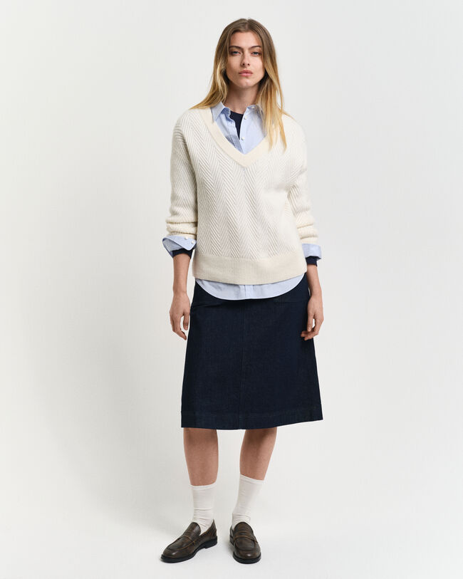 Kalanruotokuvioinen v‑neulepusero