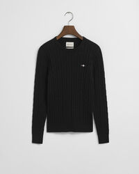 Joustopuuvillainen palmikkoneulepusero, jossa pyöreä pääntie