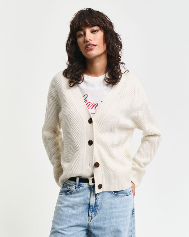 Kalanruotokuvioitu neuletakki, v-p&auml;&auml;ntie