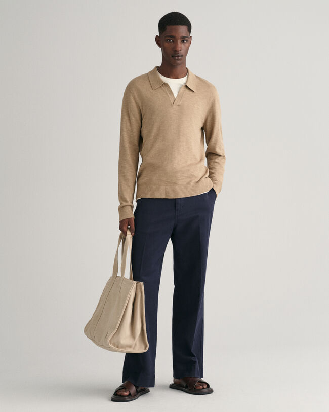 Puuvilla-pellavainen Open Polo -neulepusero