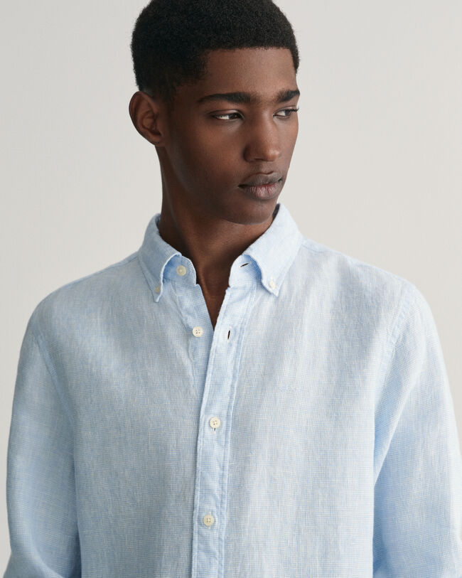 Slim&nbsp;fit ‑mitoitettu kukonaskelkuvioinen pellavapaita