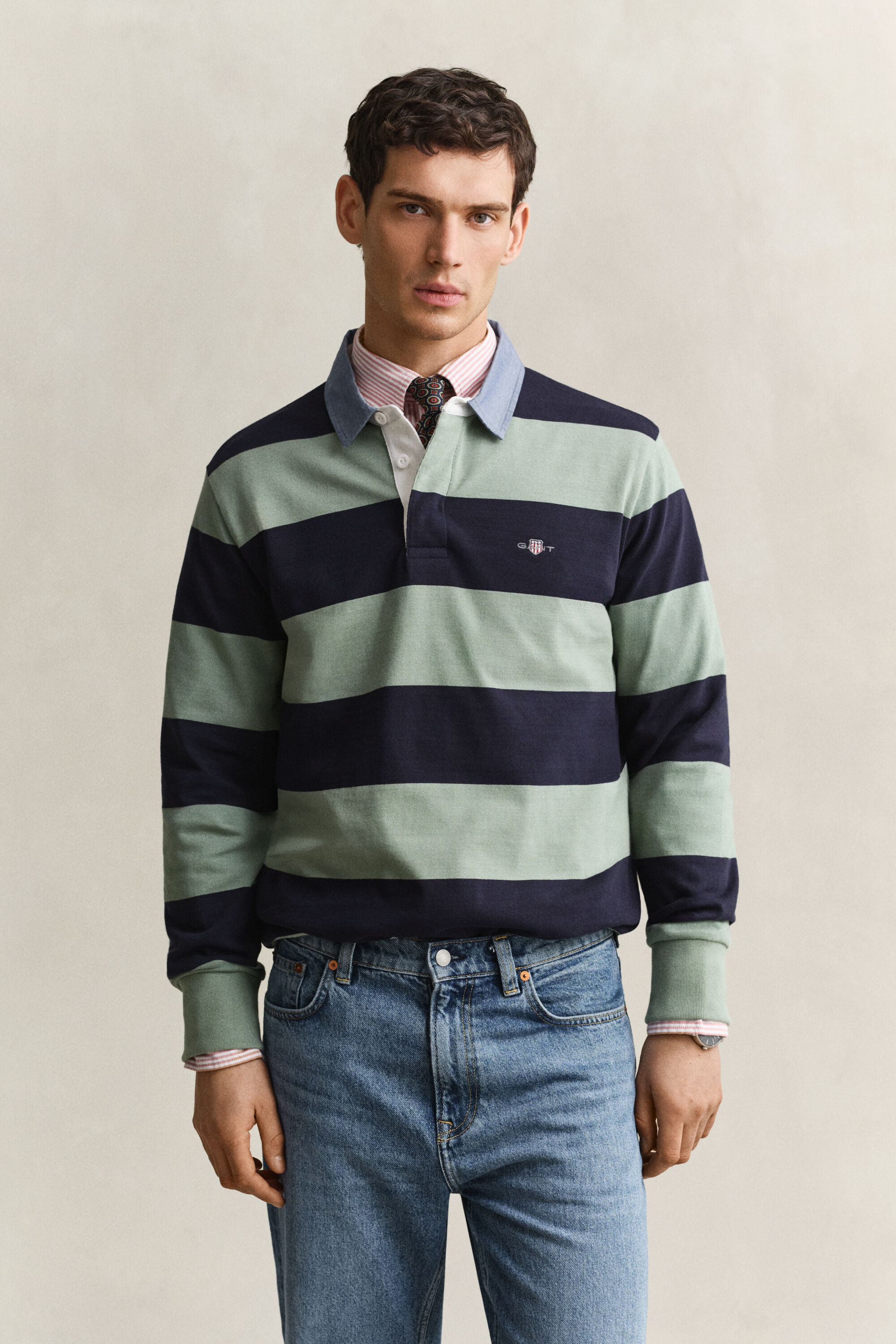 Raidallinen Heavy Rugger ‑paita chambray-kauluksella