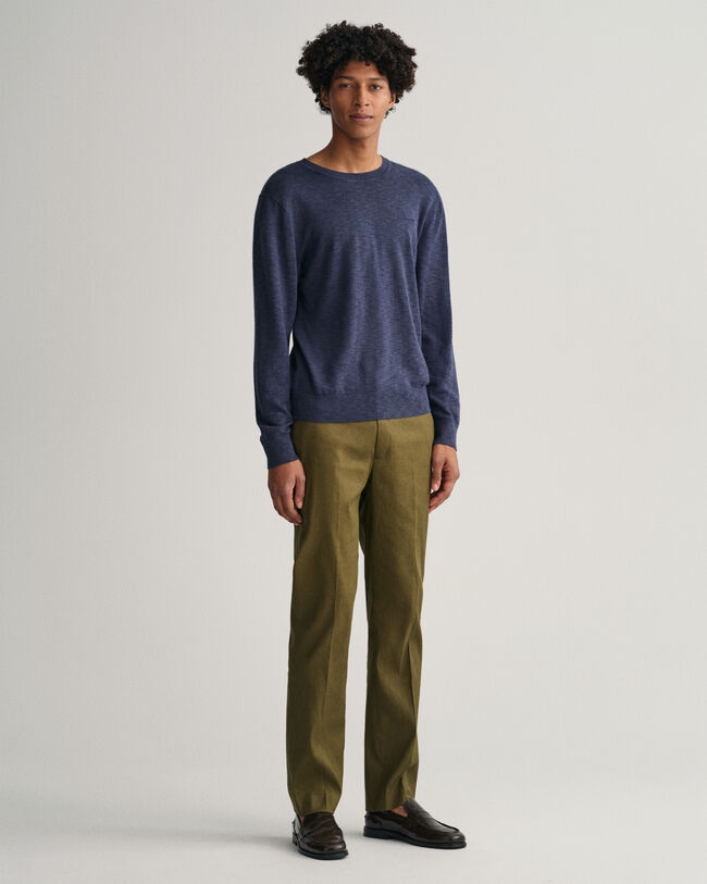 Puuvilla-pellavaneulepusero, jossa py&ouml;re&auml; p&auml;&auml;ntie