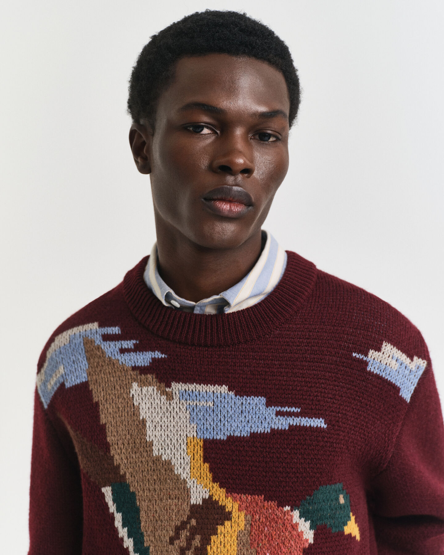 Lintukuvioinen neulepusero, pyöreä pääntie