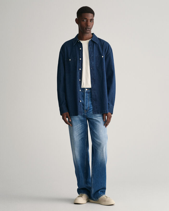 Relaxed fit ‑mitoitettu indigonsininen kohopintainen paita