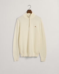 Kohopintainen puuvillaneulepusero, jossa vetoketjullinen p&auml;&auml;ntie