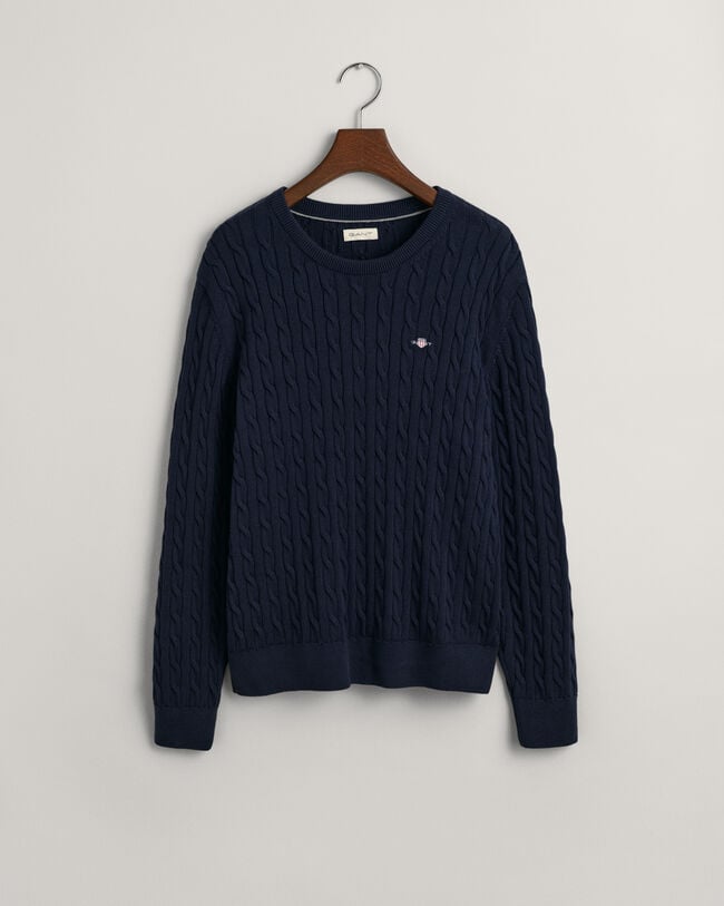 Teens-malliston puuvillainen Shield-palmikkoneulepusero, jossa pyöreä pääntie