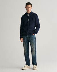 Kohopintainen raidallinen vetoketjullinen puuvillaneuletakki