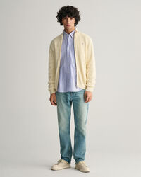 Kohopintainen raidallinen vetoketjullinen puuvillaneuletakki