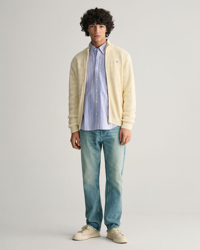 Kohopintainen raidallinen vetoketjullinen puuvillaneuletakki