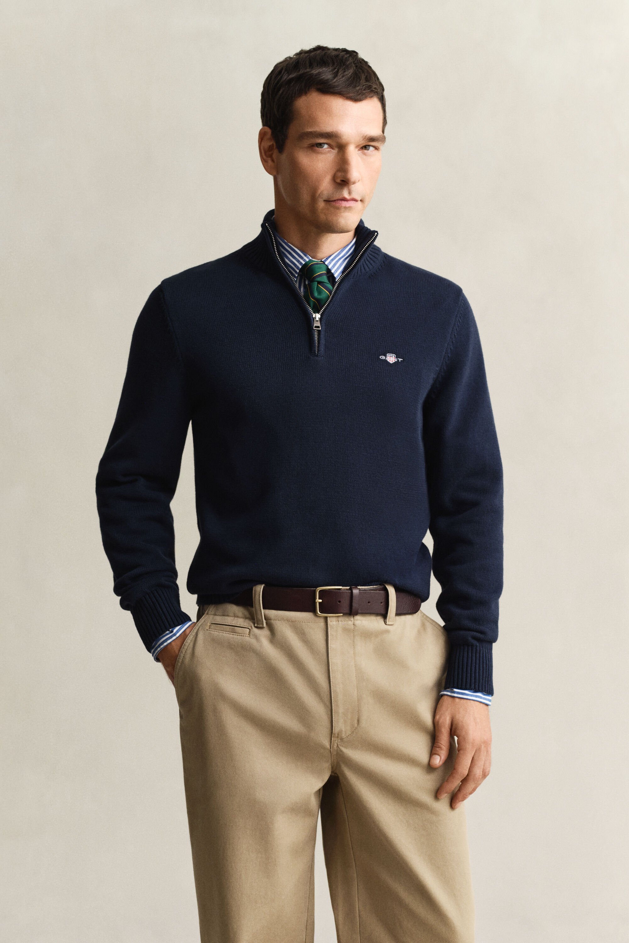 Casual-puuvillaneulepusero puolivetoketjulla