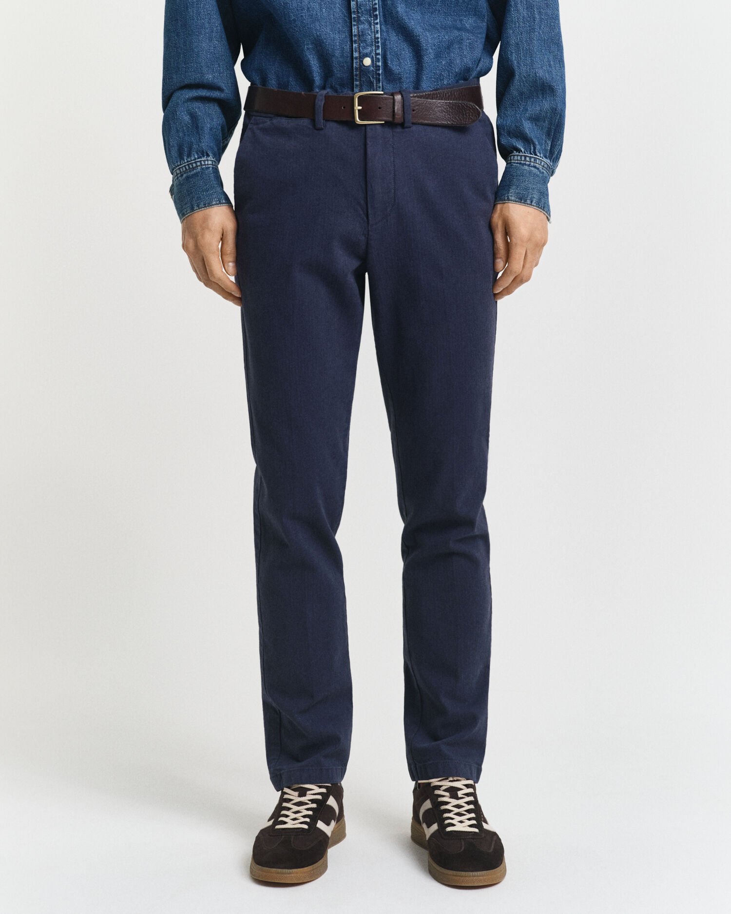 Slim fit ‑mitoitetut kalanruotokuvioiset puuvillahousut