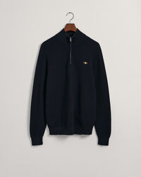 Kohopintainen puuvillaneulepusero, jossa vetoketjullinen pääntie