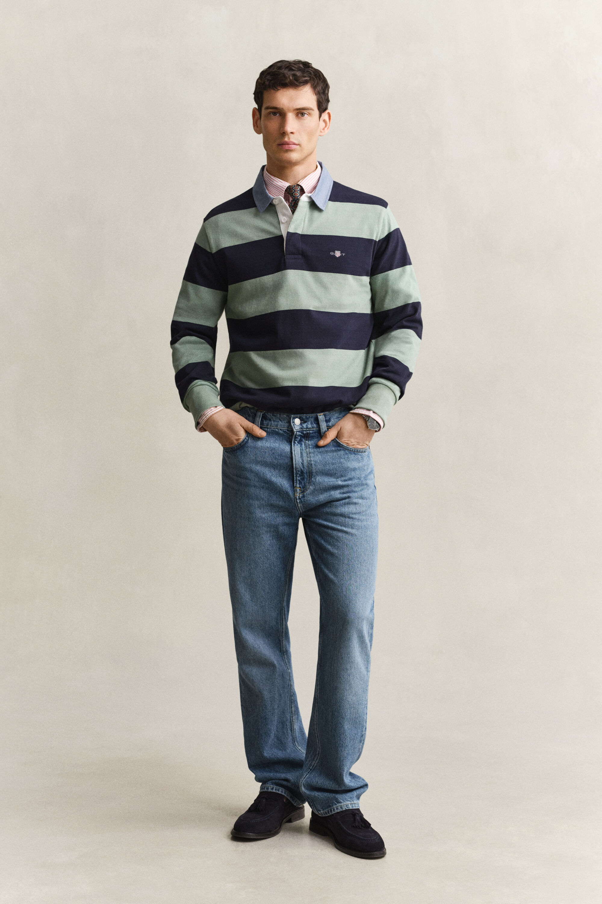 Raidallinen Heavy Rugger ‑paita chambray-kauluksella