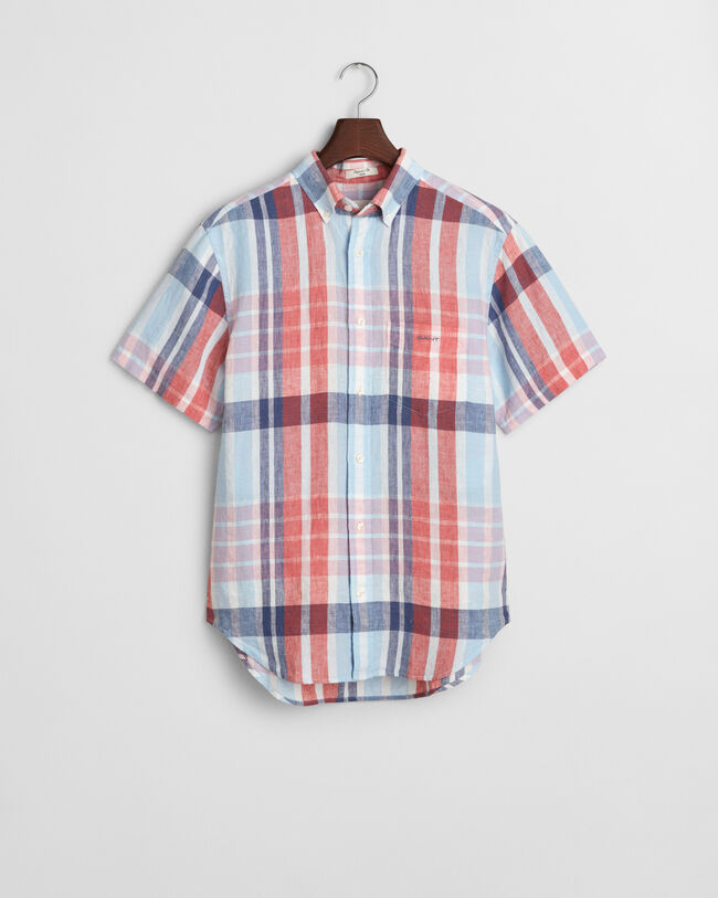 Lyhythihainen regular fit ‑mitoitettu, madrasruutuinen pellavapaita