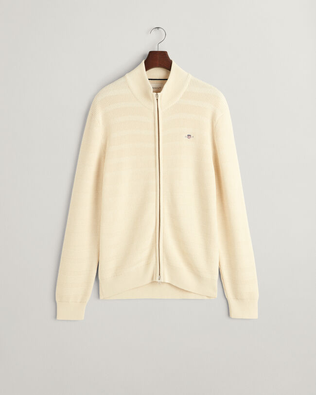 Kohopintainen raidallinen vetoketjullinen puuvillaneuletakki