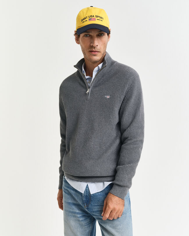 Kohopintainen puuvillaneulepusero, vetoketjukaulus