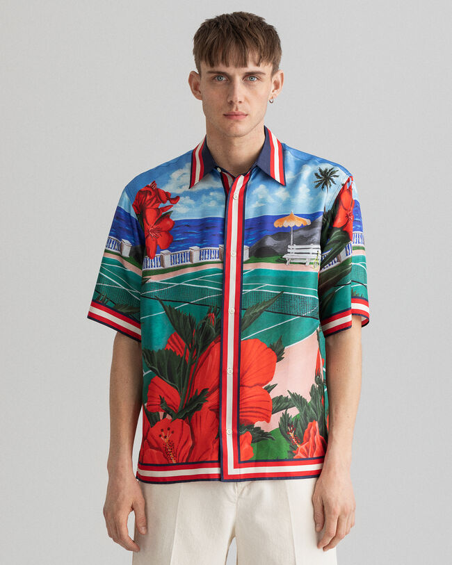 Relaxed fit ‑mitoitettu lyhythihainen Scenery-silkkipaita