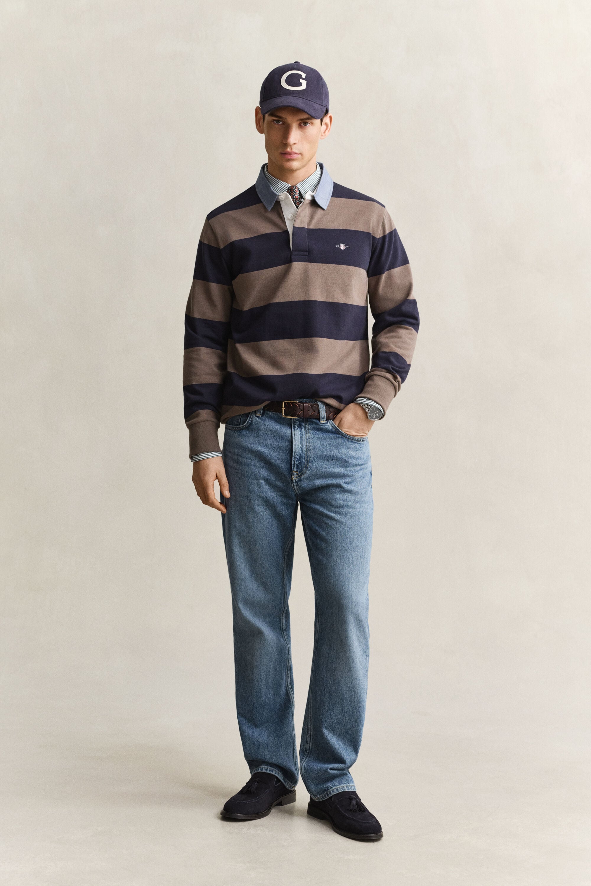 Raidallinen Heavy Rugger ‑paita chambray-kauluksella