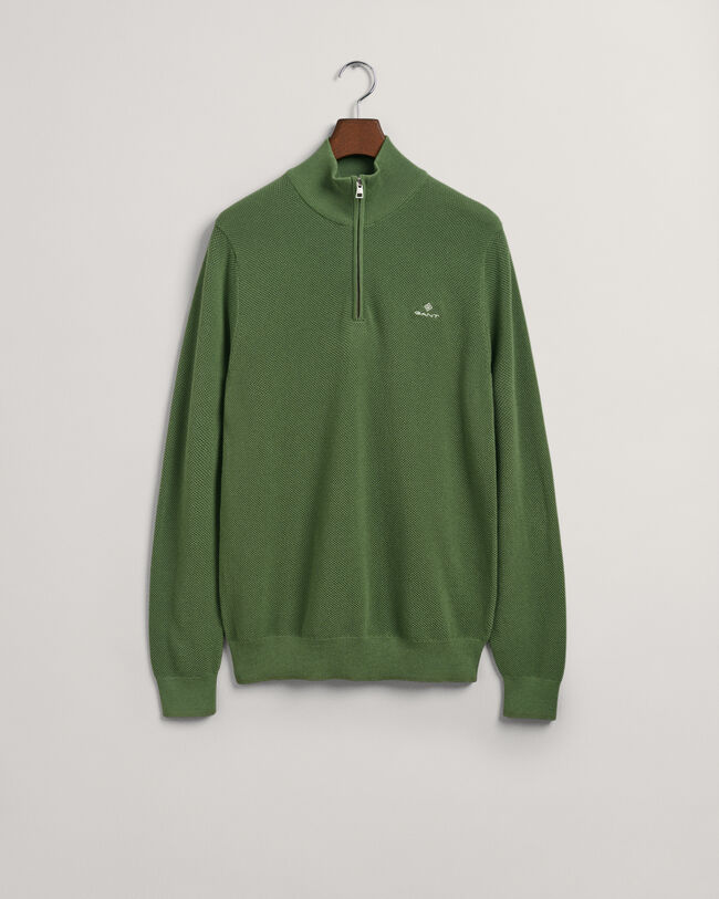 Puuvillapikeekankaasta tehty neulepusero puolivetoketjulla