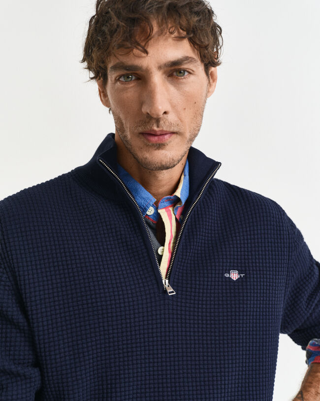 Kohopintainen puuvillaneulepusero, vetoketjukaulus