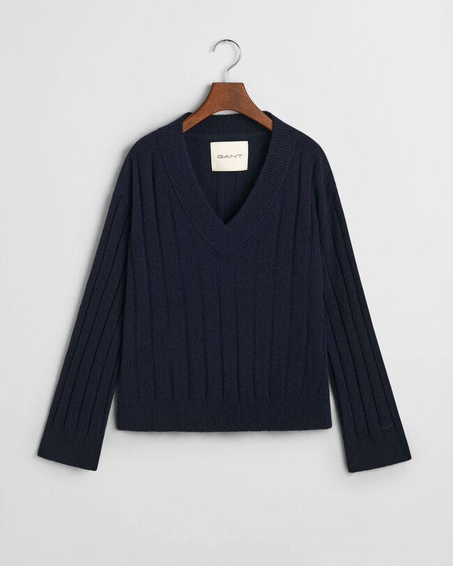 Villainen joustinneulepusero, v‑pääntie