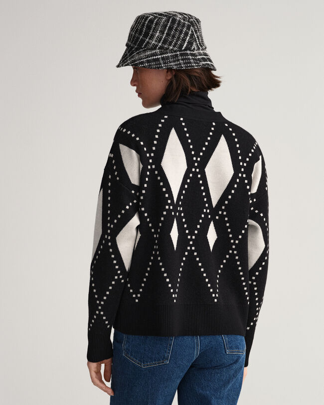 Argyle-neuletakki, v‑p&auml;&auml;ntie