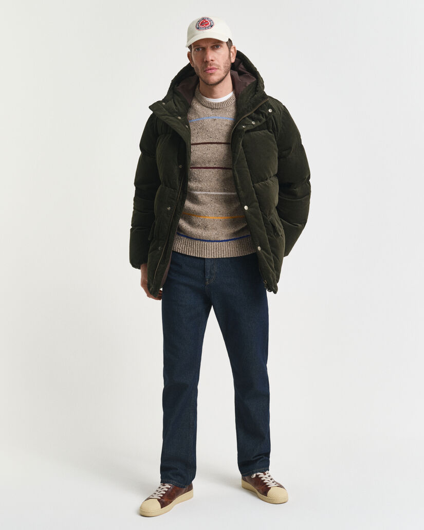 Raidallinen nyppypintainen villasekoiteneulepusero, pyöreä pääntie