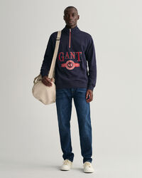 Retro Crest ‑collegepaita, jossa vetoketjullinen p&auml;&auml;ntie