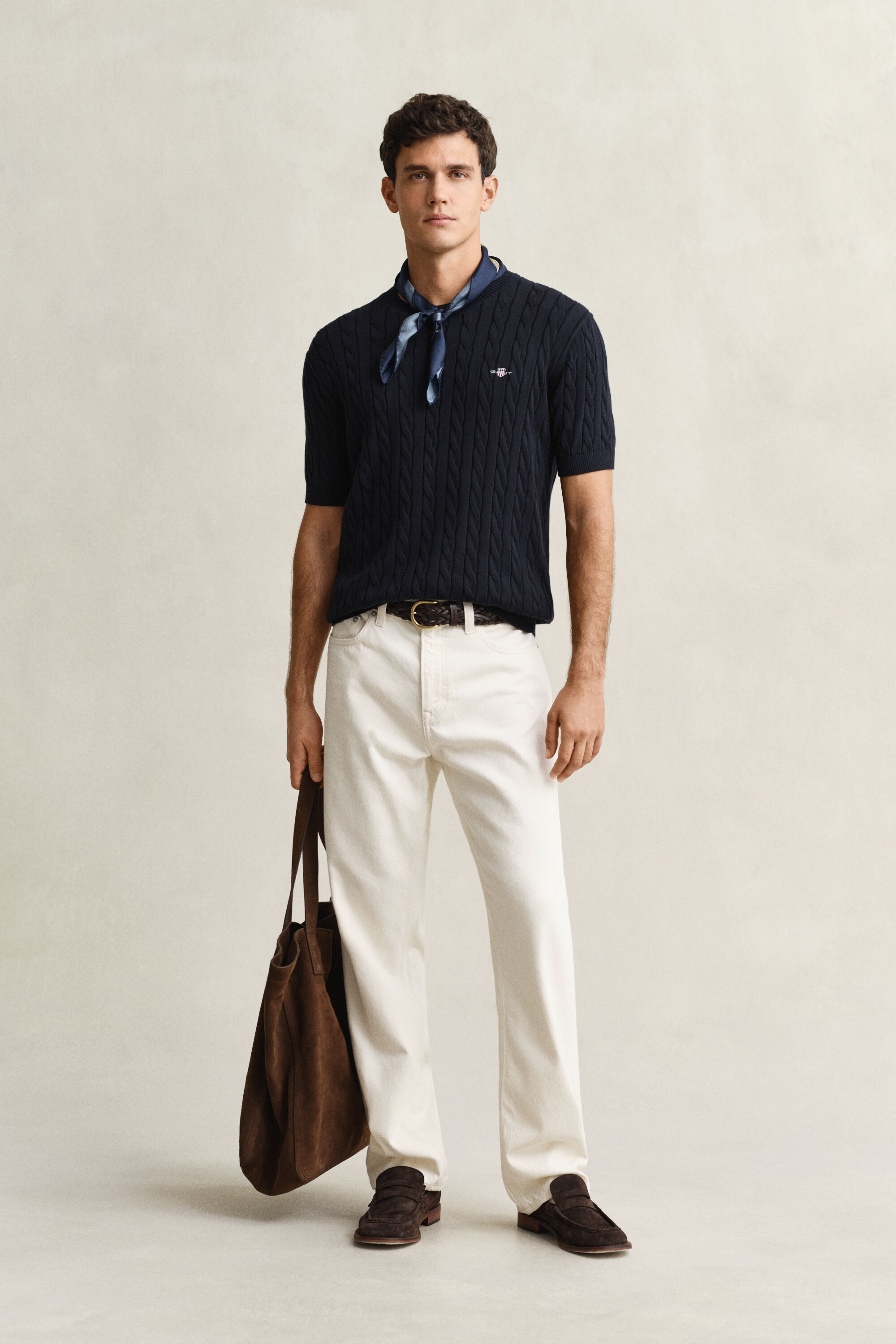 Lyhythihainen palmikkoneulepusero puuvillaa