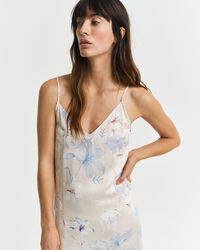 Kukkakuvioinen spagettiolkainmekko