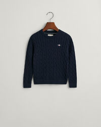 Kids-malliston puuvillainen Shield-palmikkoneulepusero, jossa pyöreä pääntie