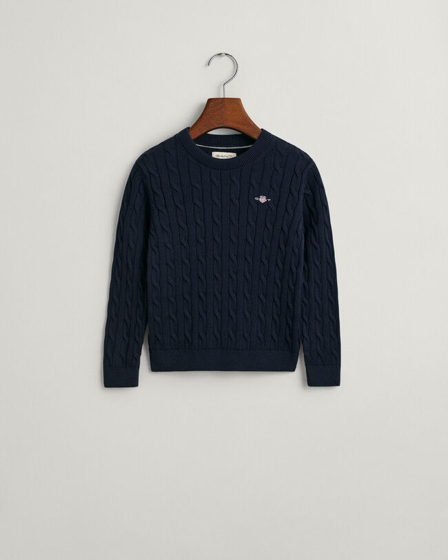 Kids-malliston puuvillainen Shield-palmikkoneulepusero, jossa pyöreä pääntie