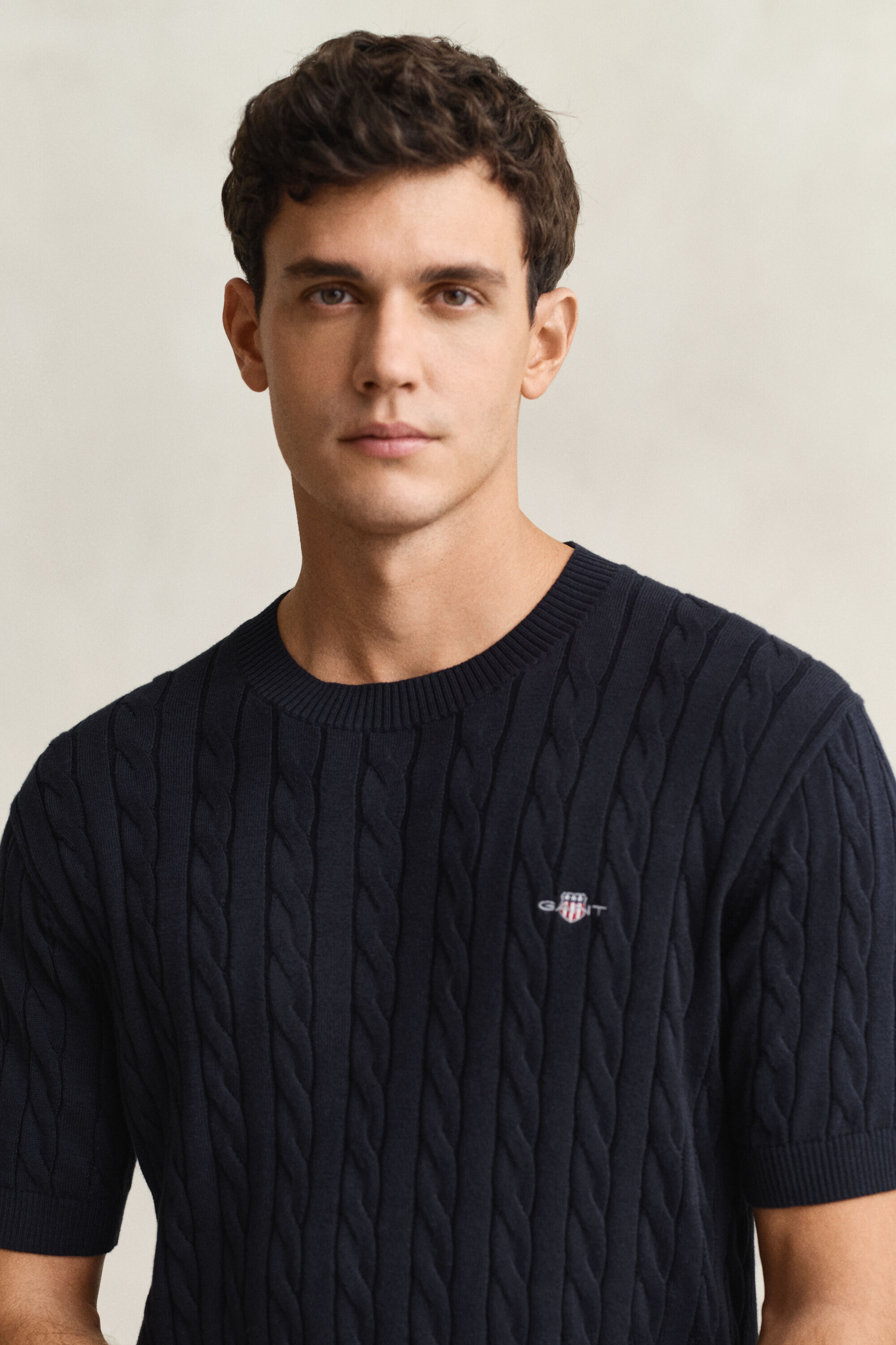 Lyhythihainen palmikkoneulepusero puuvillaa