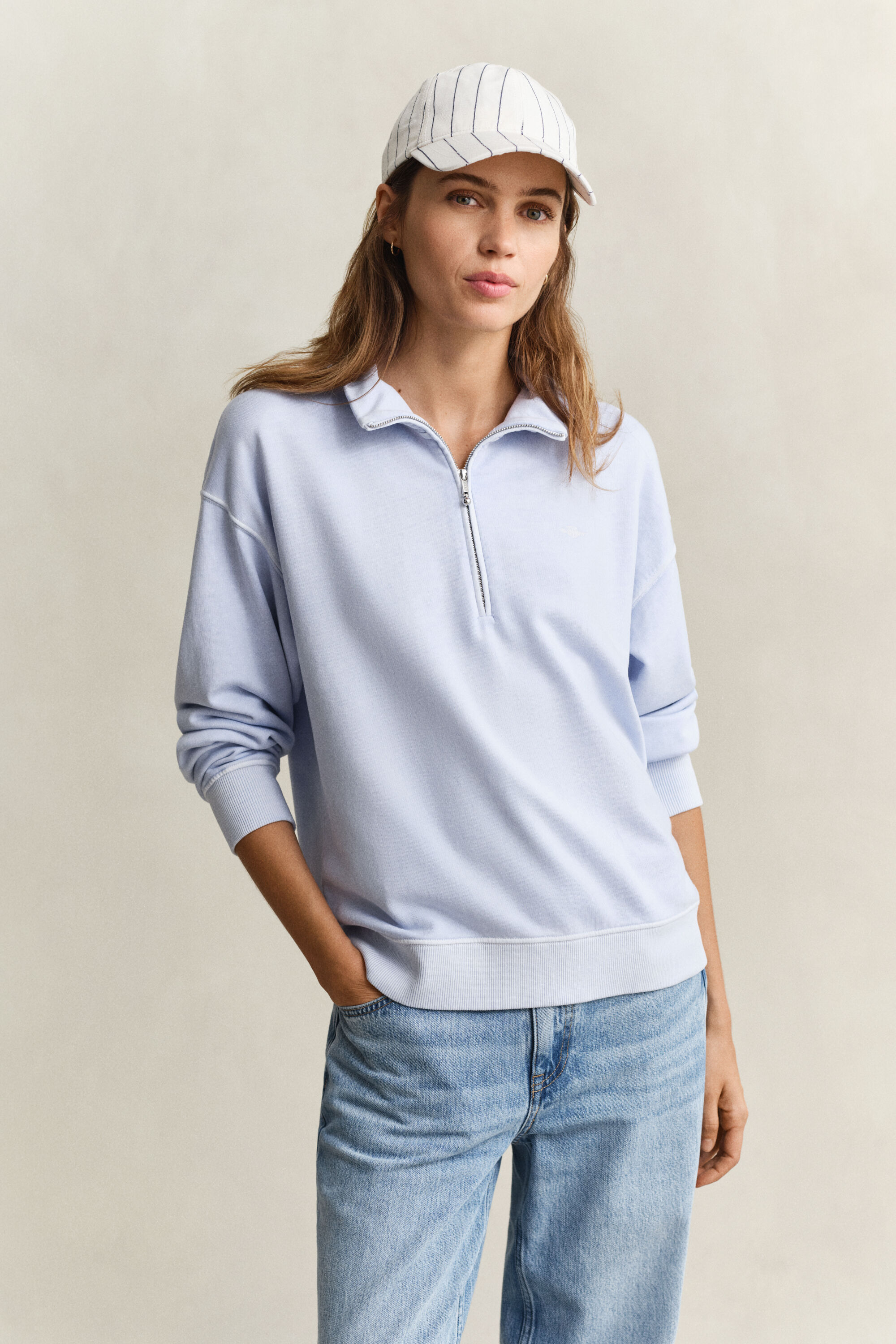 Pesukäsitelty Shield ‑collegepaita, vetoketjukaulus