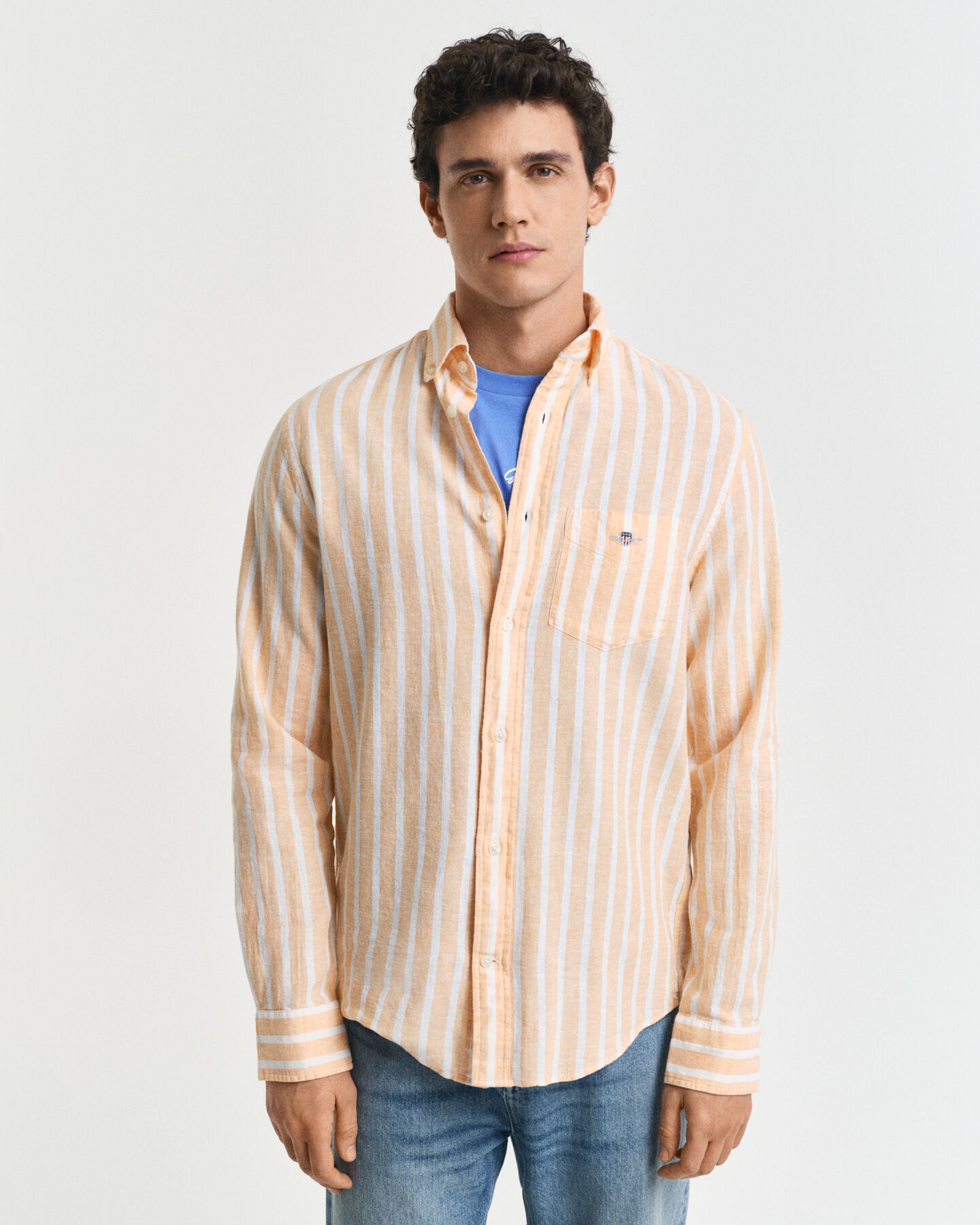 Regular&nbsp;fit ‑mitoitettu raitapaita puuvillapellavaa